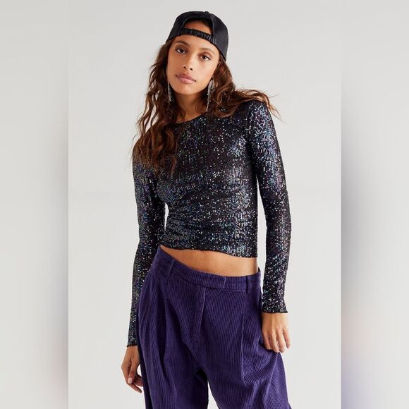 NWOT Free People Gold Rush Long Sleeve in Black Combo Sz Small and Medium Sequin - Picture 1 of 7